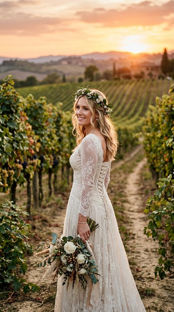 A bride in a rustic boho dress with a lace-up corset bodice in a vineyard at sunset.