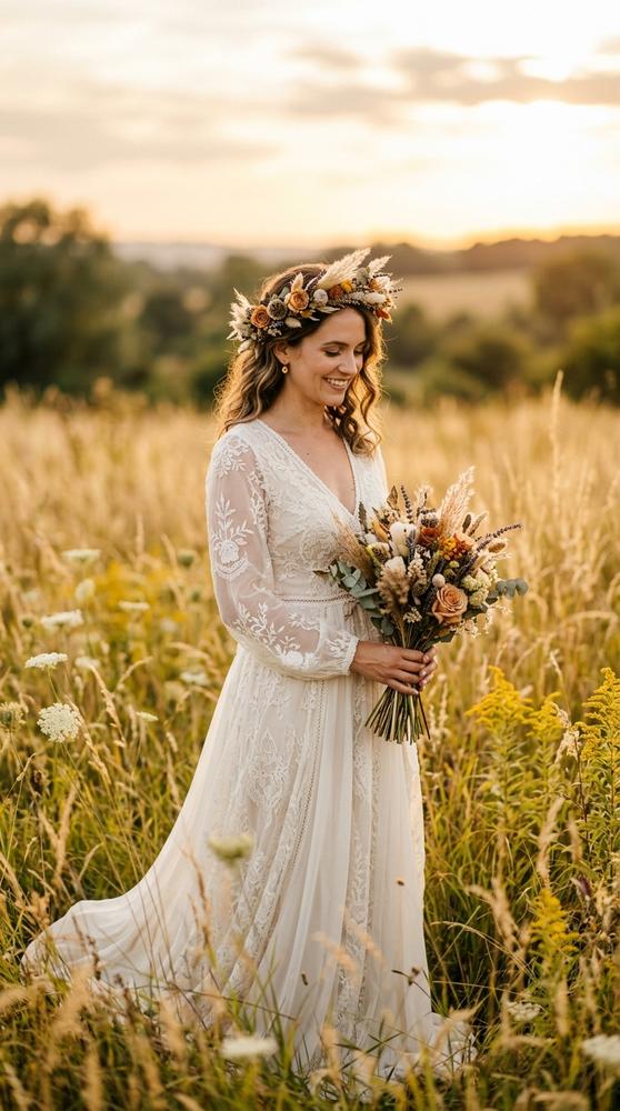 A bride with a dried flower crown wearing a rustic boho wedding dress in a field, warm tones.