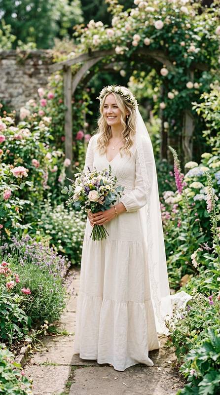 A bride in a simple linen rustic boho wedding dress in a blooming garden, natural and relaxed.
