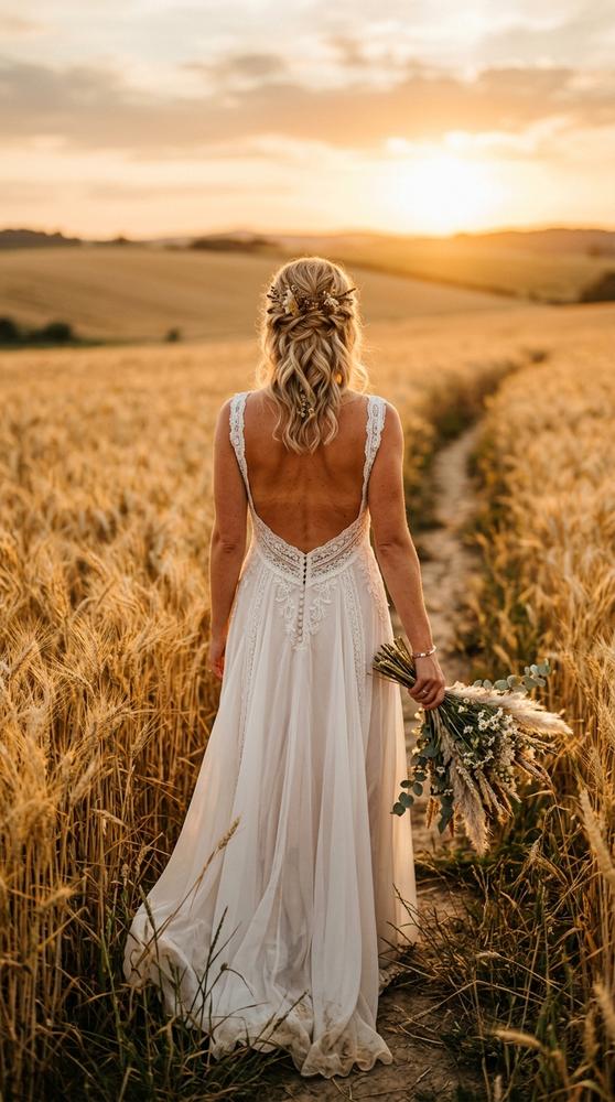 A bride from behind showing an open back on a rustic boho wedding dress, wheat field at sunset.