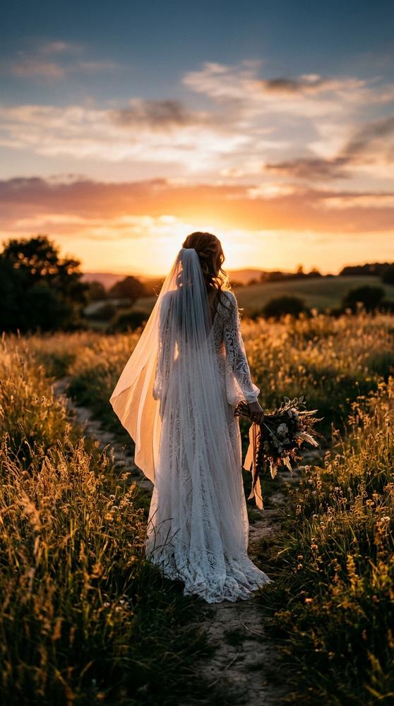 A bride in a rustic boho wedding dress silhouetted at sunset in a field, veil glowing in light.