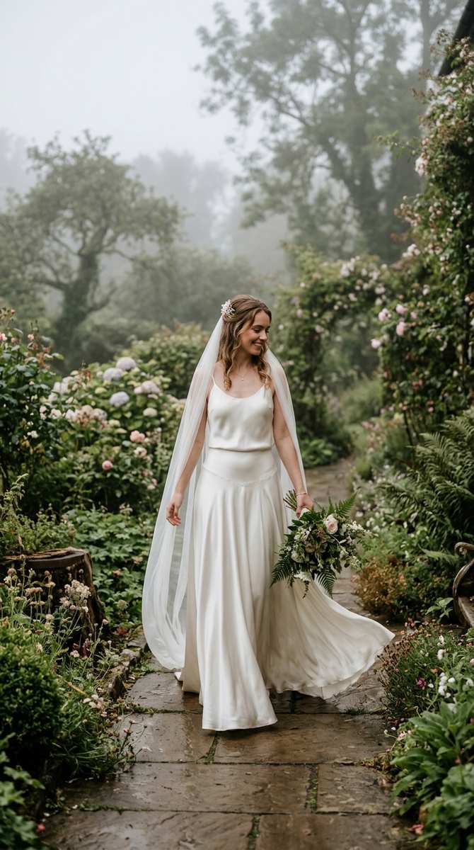 flowing silk charmeuse drop waist dress on a bride in a garden at dawn, mist soft, high-end camera, no text