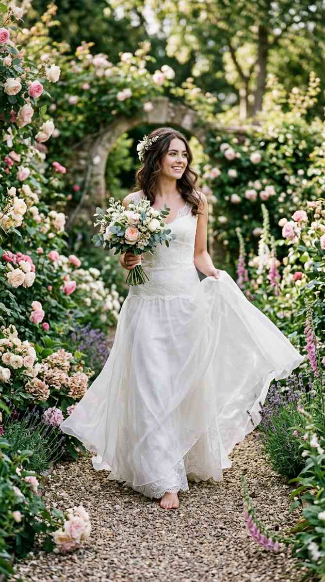 silk organza overlay floating over a drop waist bridal gown, bride in a blooming garden, high-end camera, no text