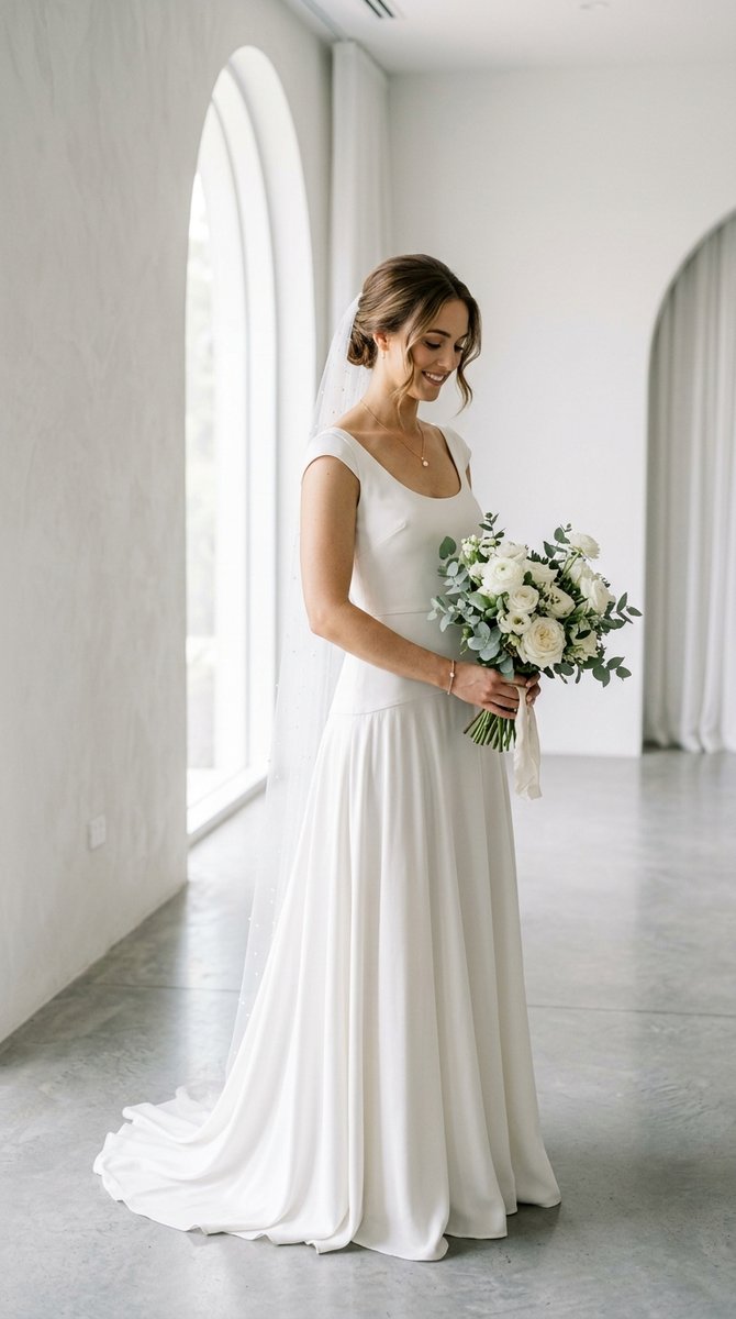 silk crepe drop waist gown on a bride in a minimalist white venue, soft shadows, high-end camera, no text