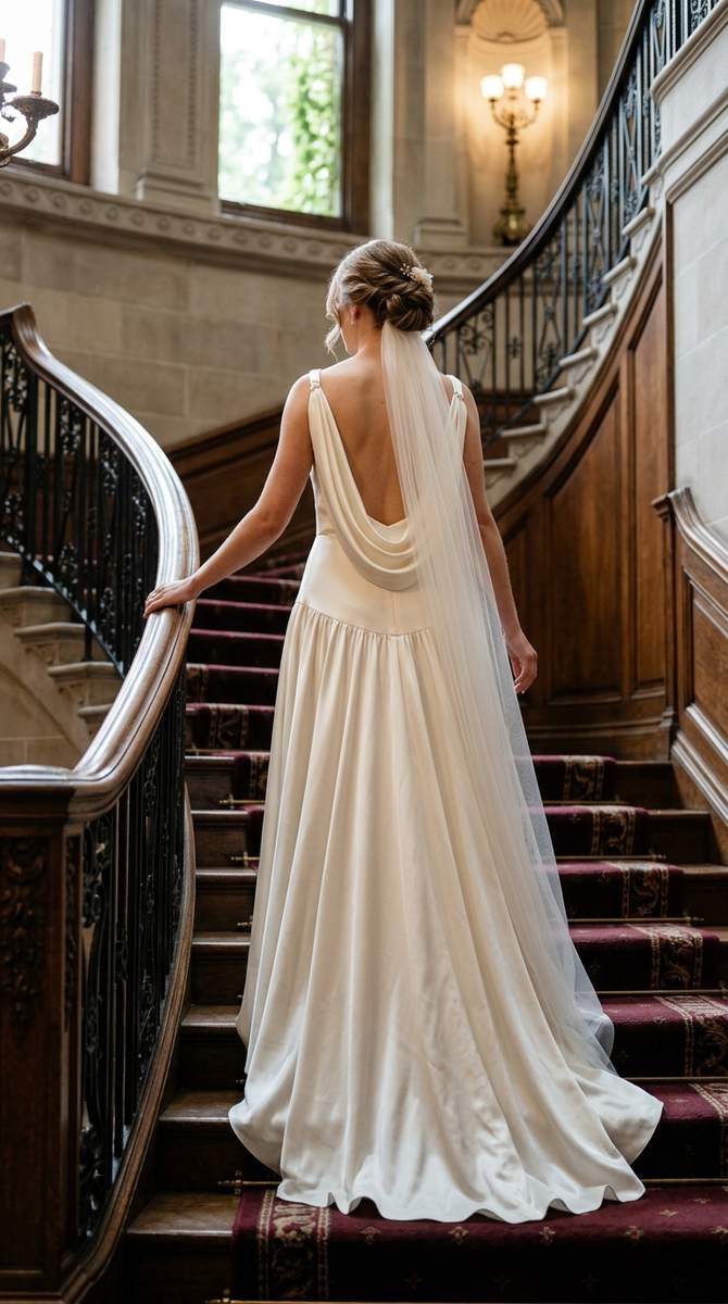 silk cowl back on a drop waist bridal gown, bride from behind on a grand staircase, high-end camera, no text