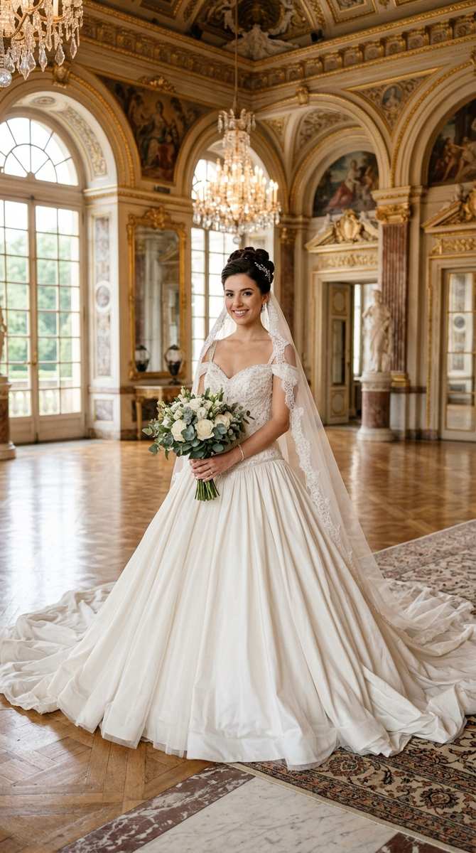 a silk ballgown with drop waist on a bride in a palace hall, skirt spread wide, high-end camera, no text