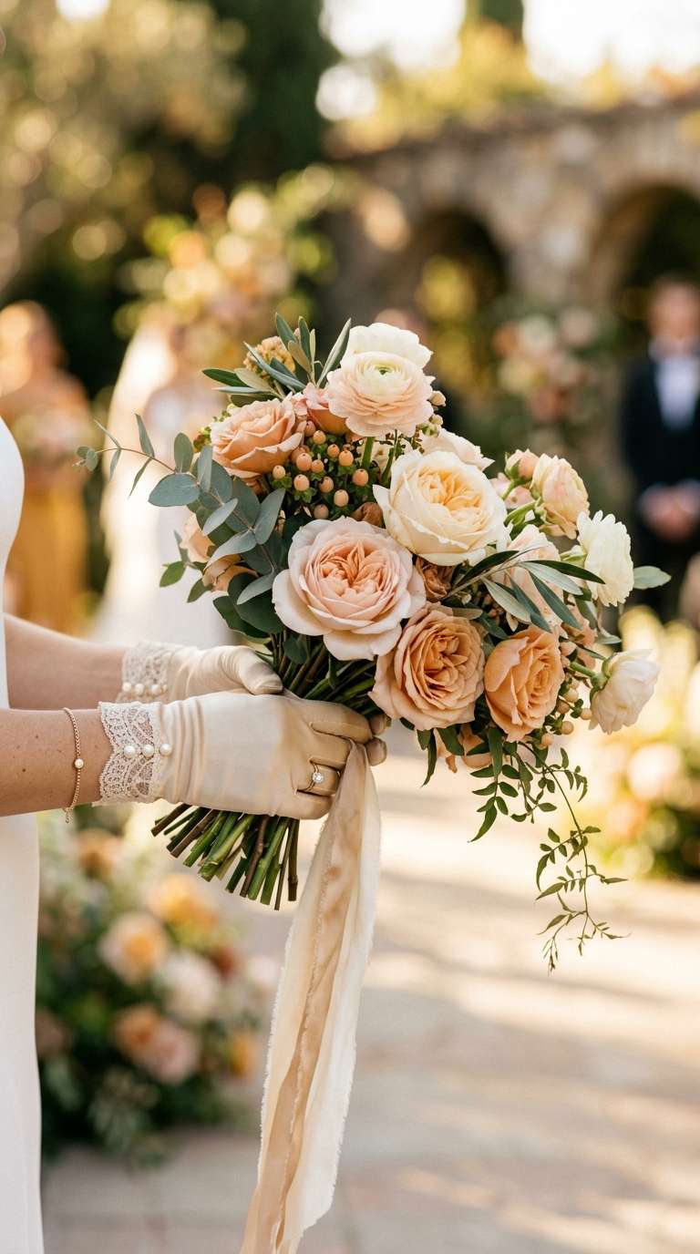 a bride's hands in champagne silk wedding gloves, warm golden tones, holding a bouquet of garden roses, soft warm light.