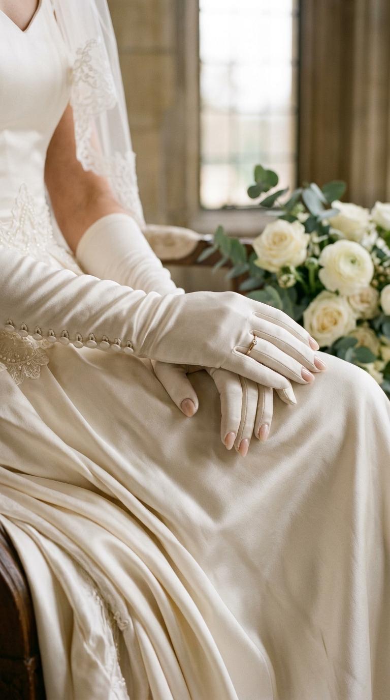 vintage-style ivory silk wedding gloves with small covered buttons up the back of the wrist.