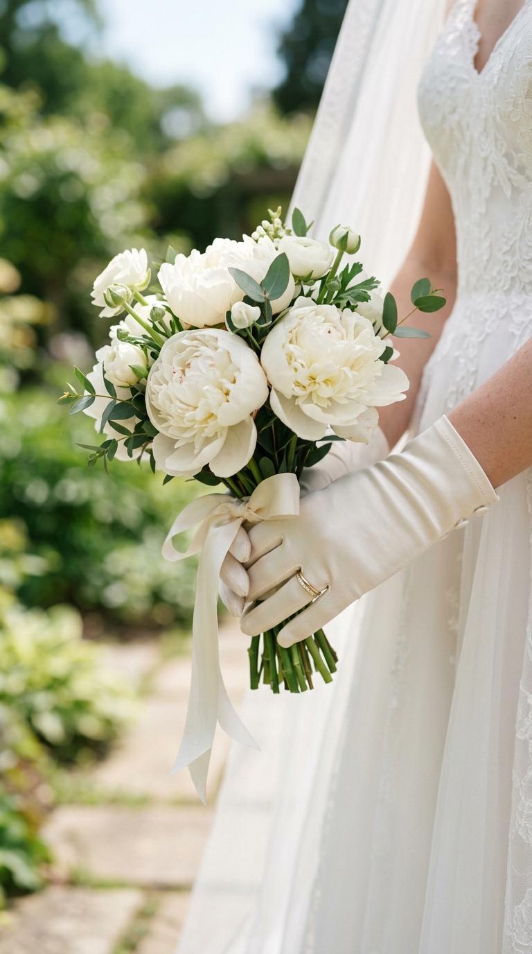 a bride's hands in short ivory silk wrist-length wedding gloves, holding a small bouquet of white peonies.