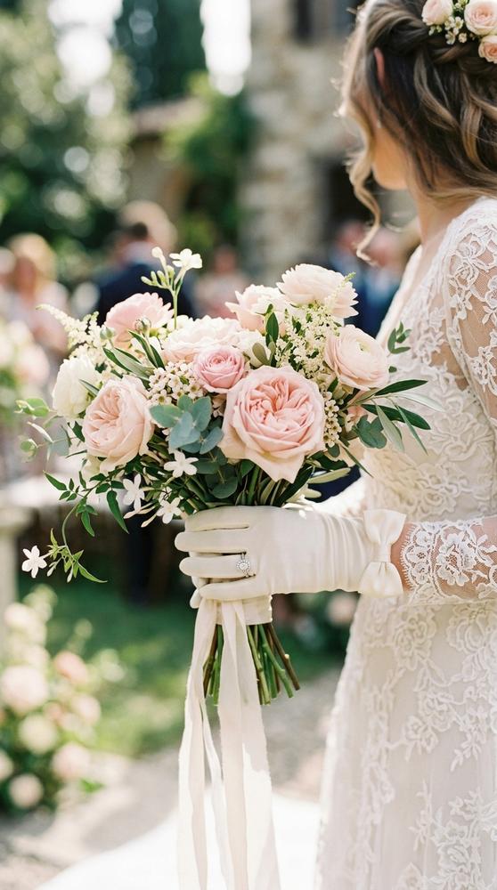 a bride's hands in ivory silk wedding gloves with elegant silk bows at the wrists, romantic bridal detail.