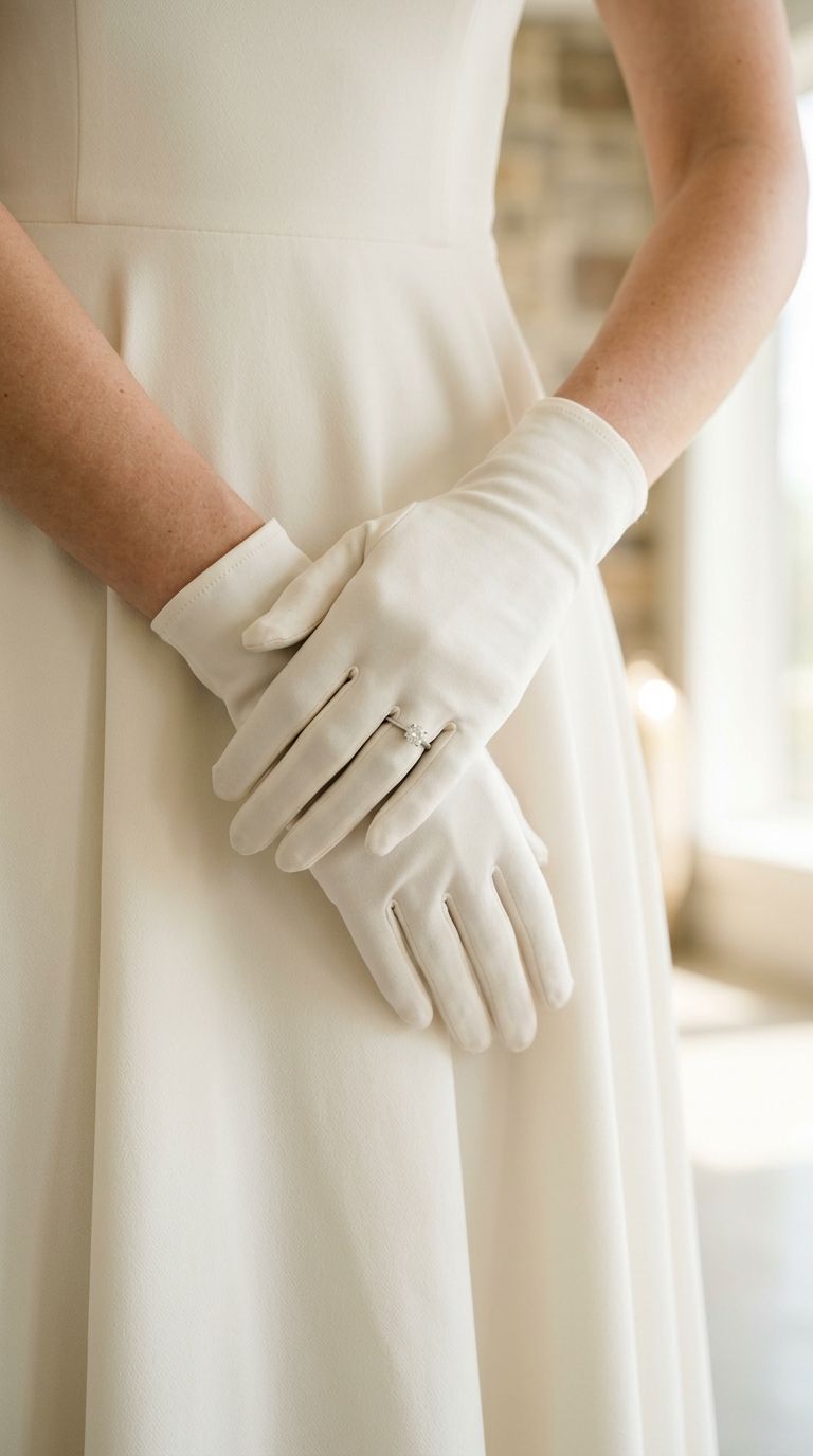 a bride's hands in matte ivory silk wedding gloves with no shine, modern minimalist bridal detail.