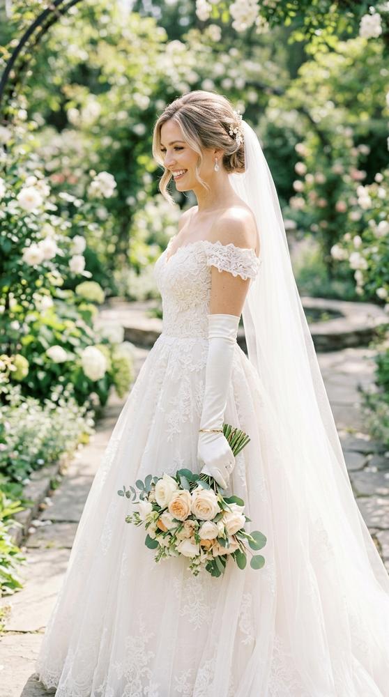 a bride wearing ivory elbow-length silk wedding gloves, three-quarter view, elegant ballgown.