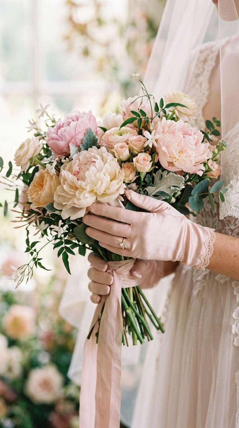 a bride's hands in blush pink silk wedding gloves, soft romantic tones, holding pastel peonies, dreamy.