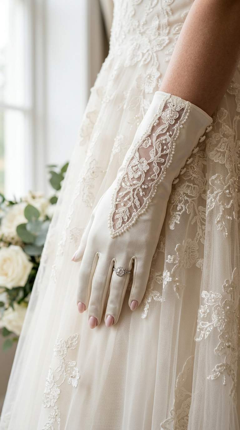 a bride's hand in ivory silk wedding glove with a delicate lace inset panel along the back of the hand.