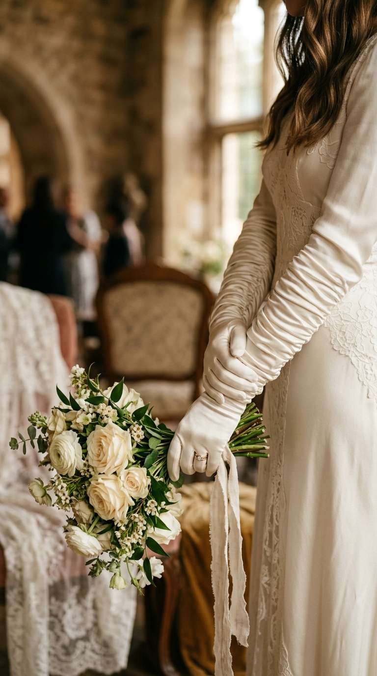 a bride's arms in ruched ivory silk wedding gloves with soft gathers along the forearm, vintage glamour.
