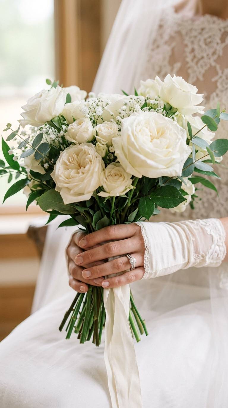 a bride's hands in ivory silk fingerless wedding gloves, wedding ring clearly shown, holding white roses.