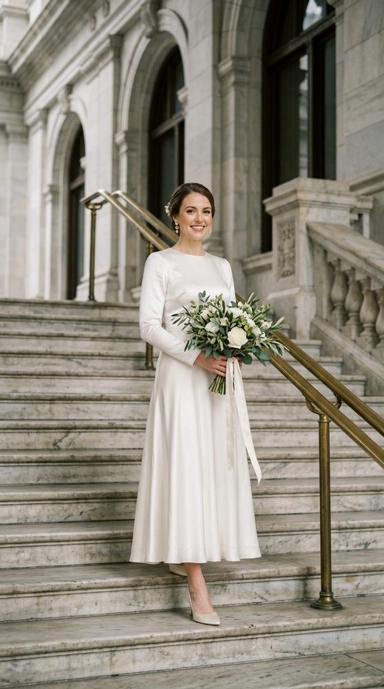A bride in an ivory double-faced satin midi wedding dress on marble courthouse stairs