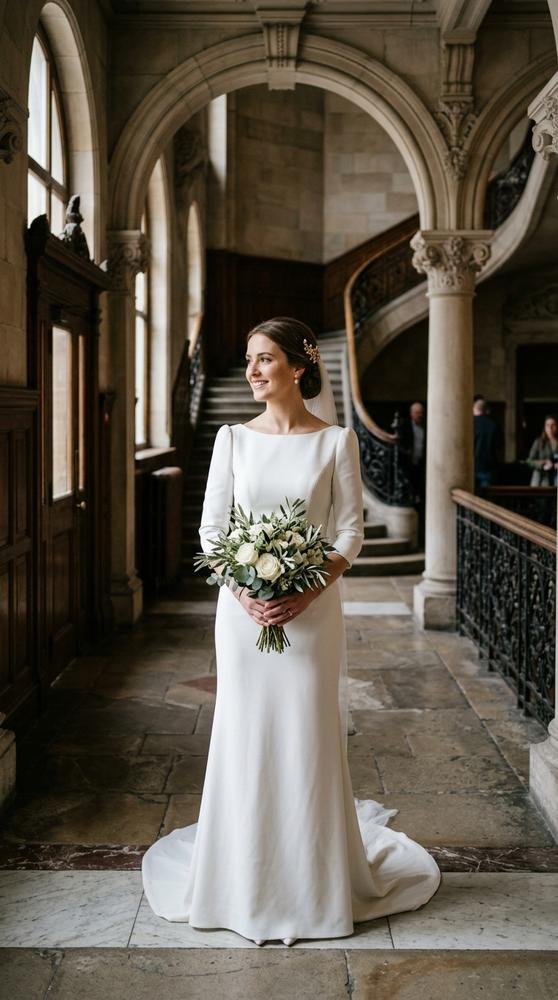 A bride in a white wool-crepe sheath wedding dress with three-quarter sleeves in a historic courthouse