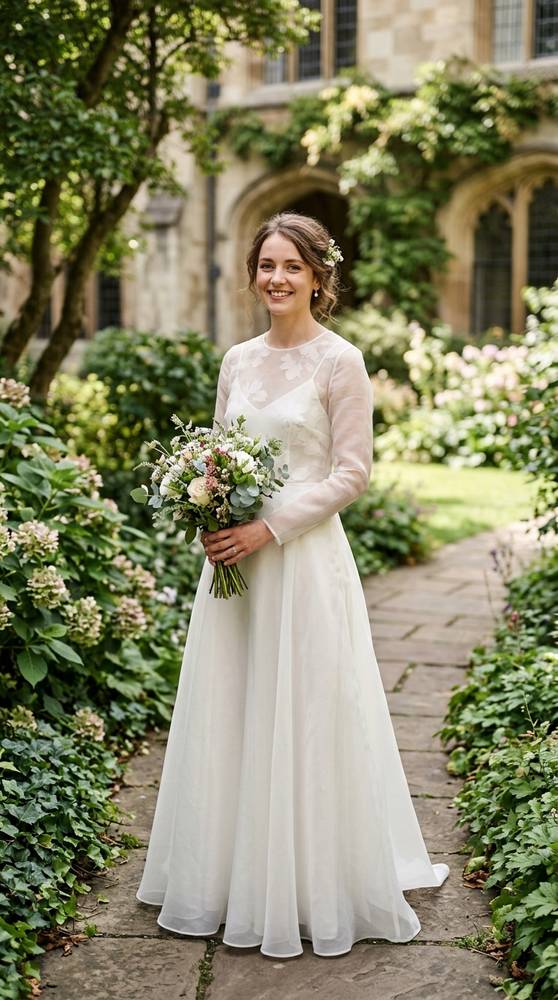 A bride in an ivory organza overlay wedding dress with a simple slip underneath in a courthouse garden