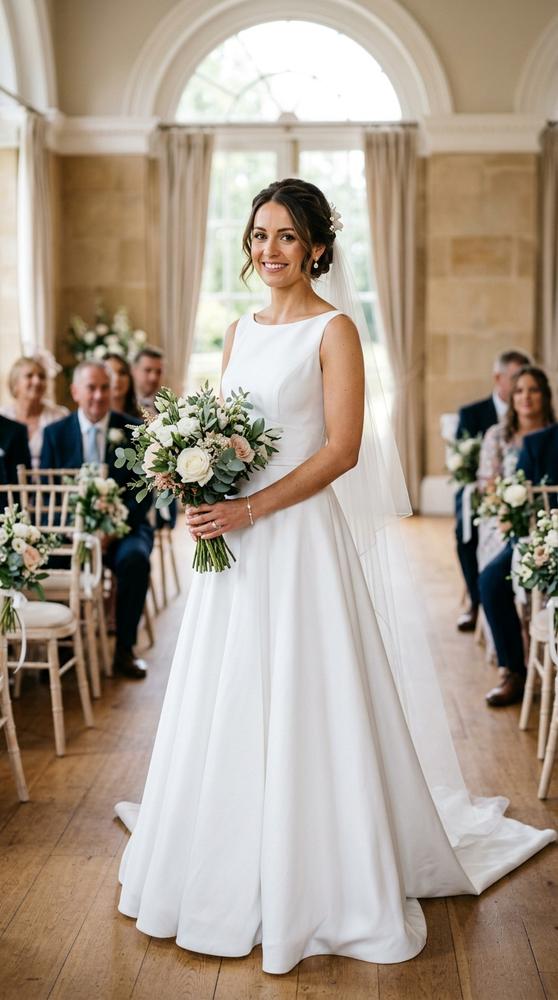 A bride in a white bonded-satin A-line wedding dress with a bateau neckline in a bright civil ceremony room