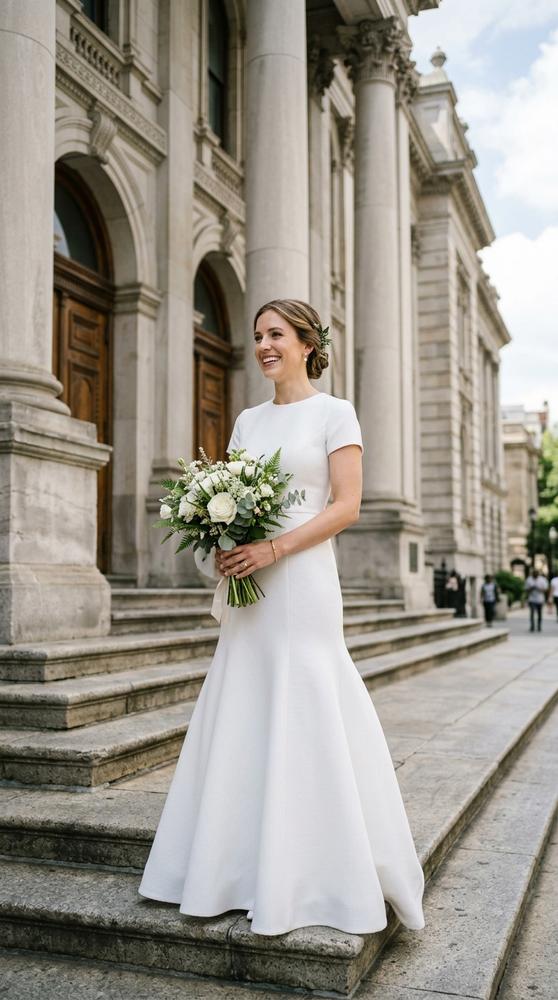 A bride in a white pique-knit fit-and-flare wedding dress with short sleeves outside the courthouse