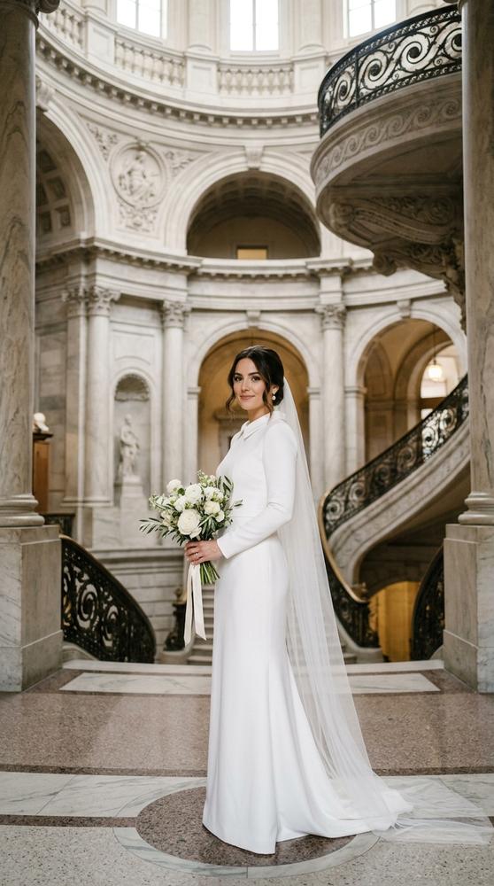 A bride in a white faille sheath wedding dress with a portrait collar in a grand courthouse rotunda
