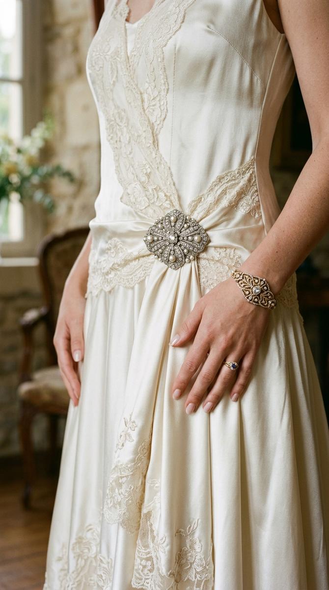 A vintage drop waist wedding dress with heirloom-style brooch at the waist, close detail showing antique jewelry on ivory sat