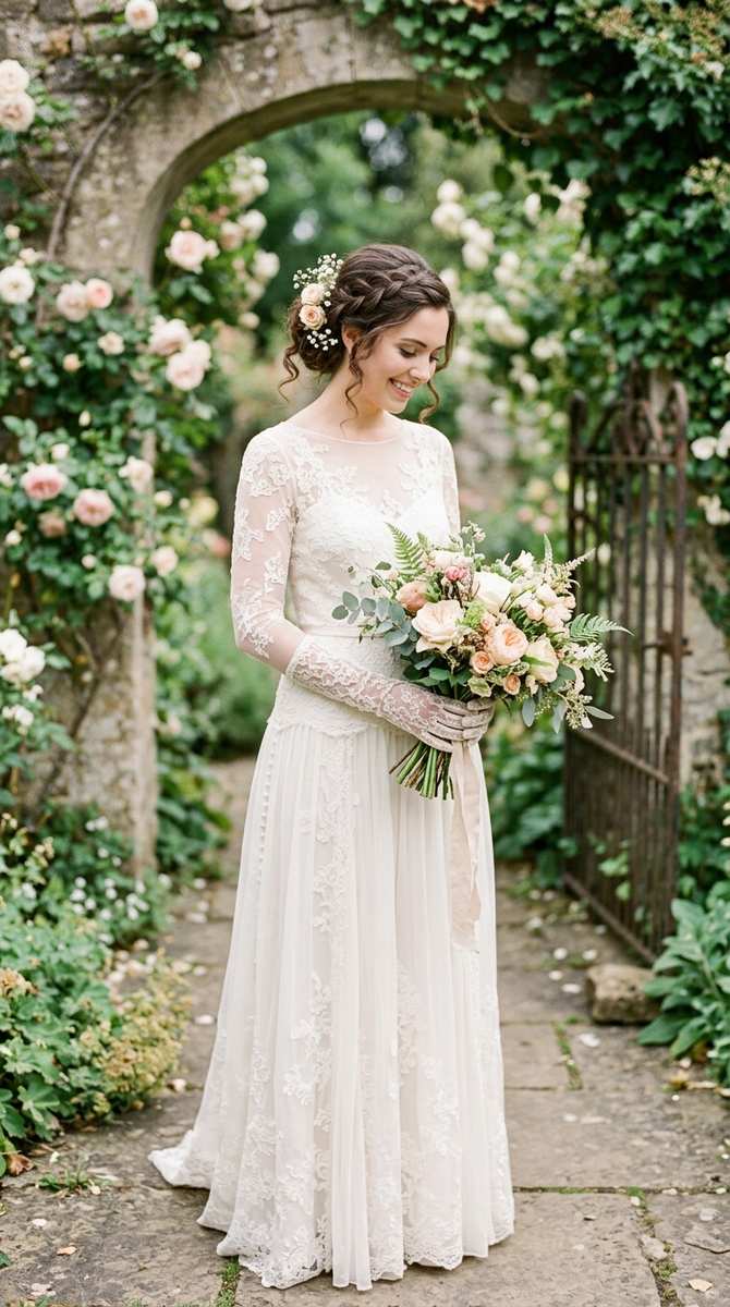 A bride in a vintage lace drop waist gown with long lace gloves, holding a bouquet of garden roses, timeless romantic portrai