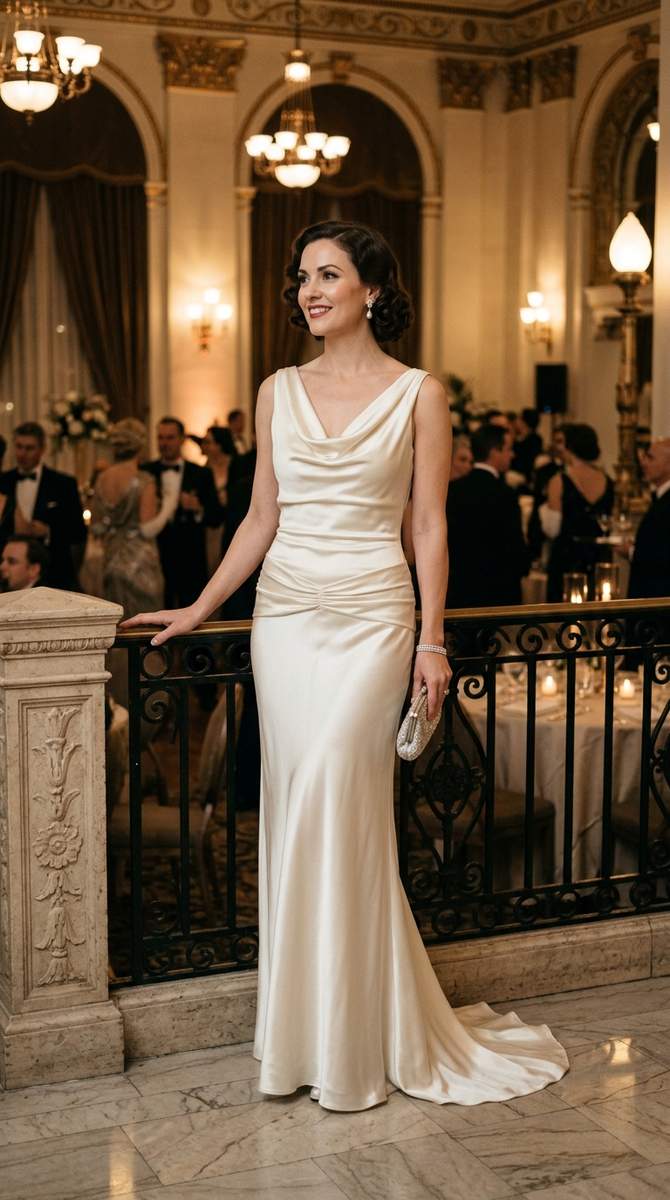 A 1930s-inspired bias-cut drop waist gown in silk with cowl neckline, slinky old-Hollywood glamour, elegant evening setting,