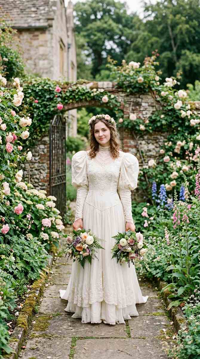 A vintage drop waist wedding dress with dramatic leg-of-mutton sleeves, romantic historic estate garden, storybook charm, por