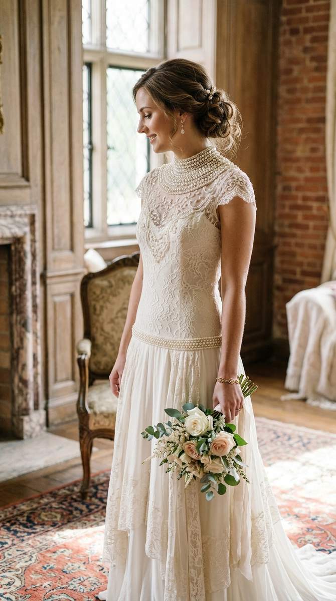 A vintage-inspired drop waist wedding dress with pearl-encrusted neckline, luminous detail in soft light, elegant heirloom be
