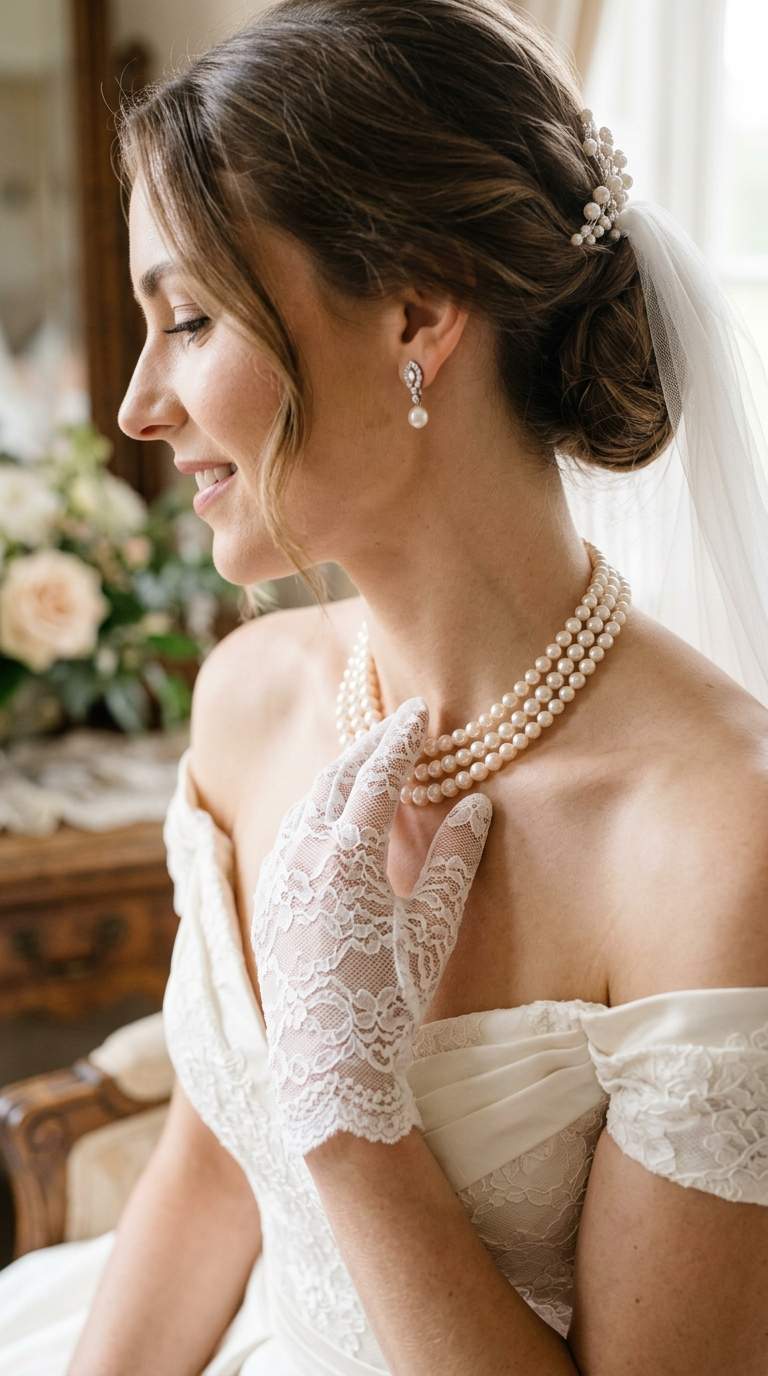 A bride's white-gloved hand touching her pearl necklace, elegant bridal portrait.