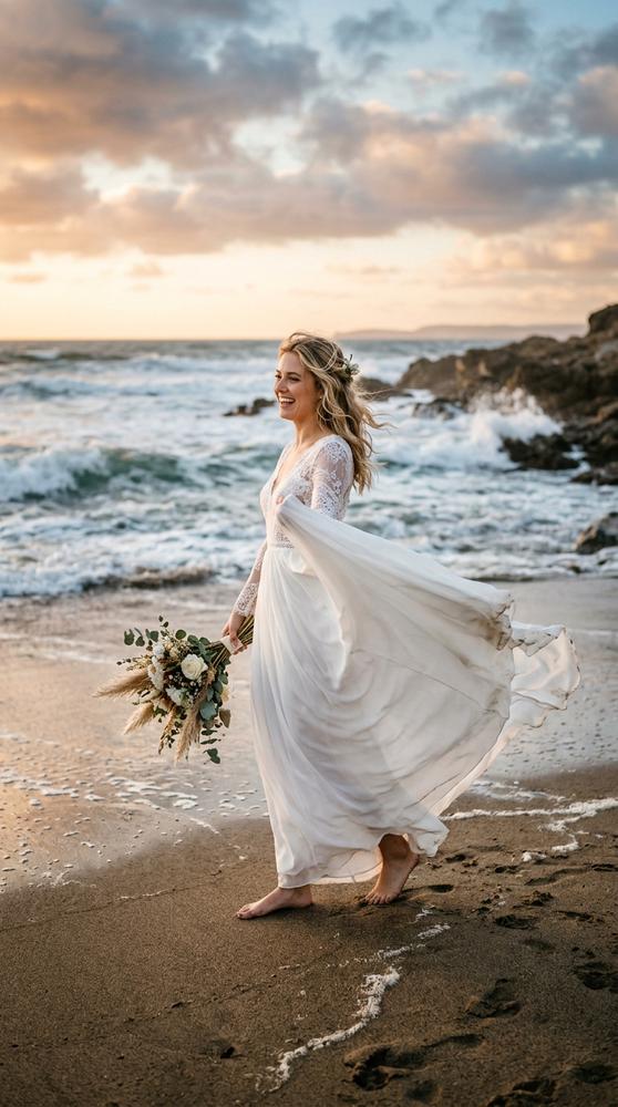 A bride in a flowing chiffon beach boho dress with fabric billowing in ocean wind, dramatic and romantic.