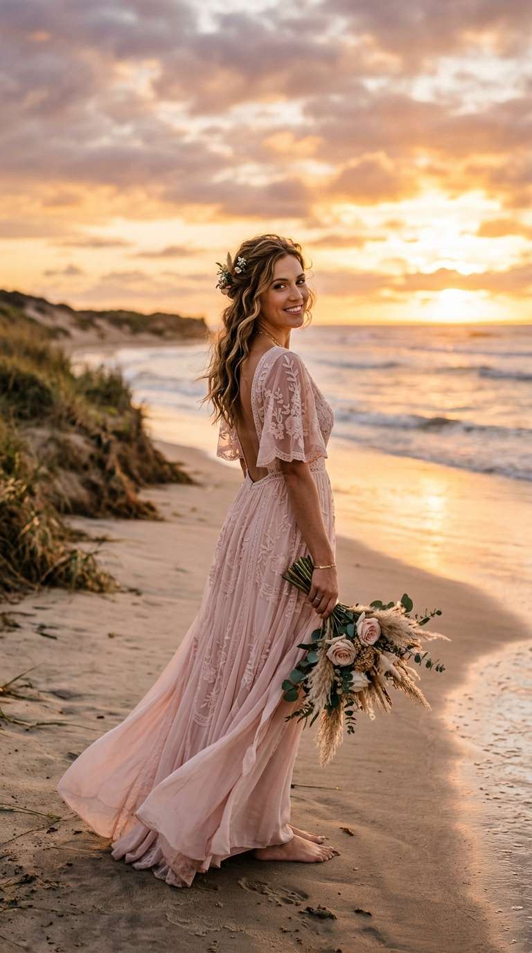 A bride in a blush beach boho wedding dress at sunset on the beach, warm tones.