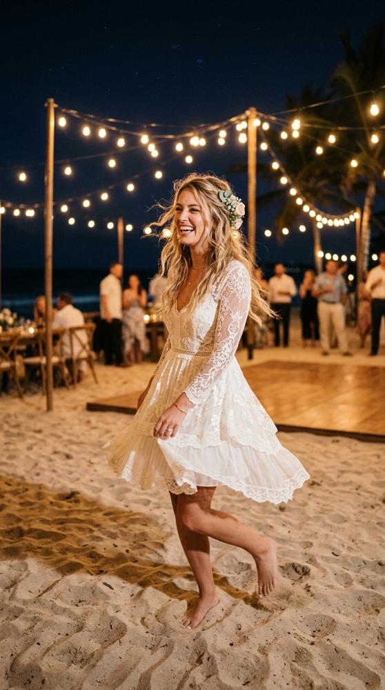 A bride in a short beach boho reception dress dancing under string lights on the sand at night, joyful.