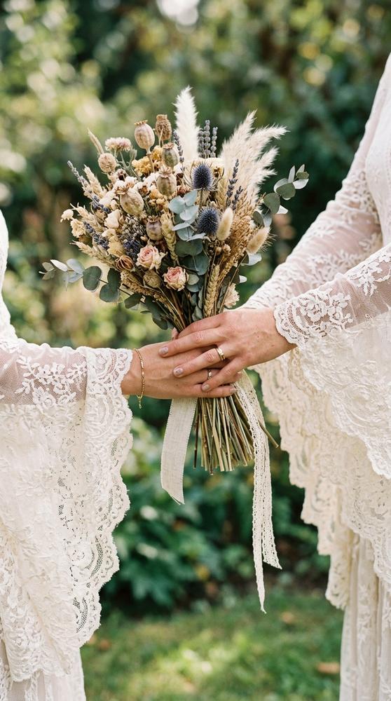 Close-up of a bride's arms showing lace bell sleeves on a boho wedding dress, bouquet of dried flowers in hand.