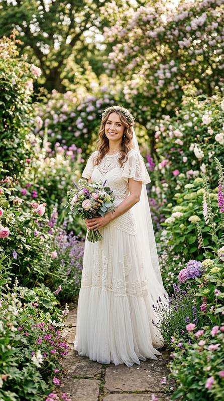 A bride in a boho wedding dress with a detailed crochet bodice standing in a blooming garden, soft morning light.