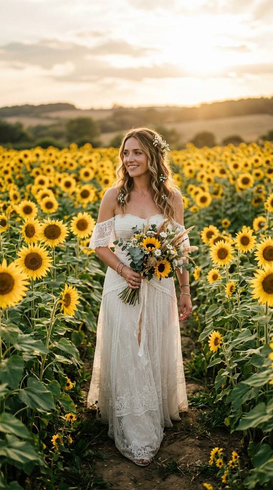 A bride in an off-shoulder boho wedding dress among sunflowers at golden hour, hair in loose waves.
