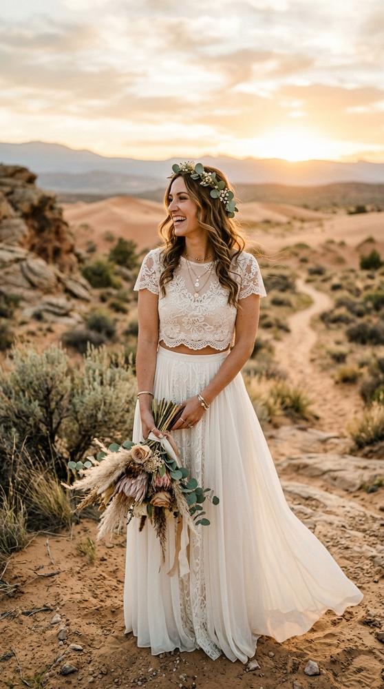 A bride wearing a boho two-piece wedding set with lace crop top and flowing skirt, desert landscape at sunset.