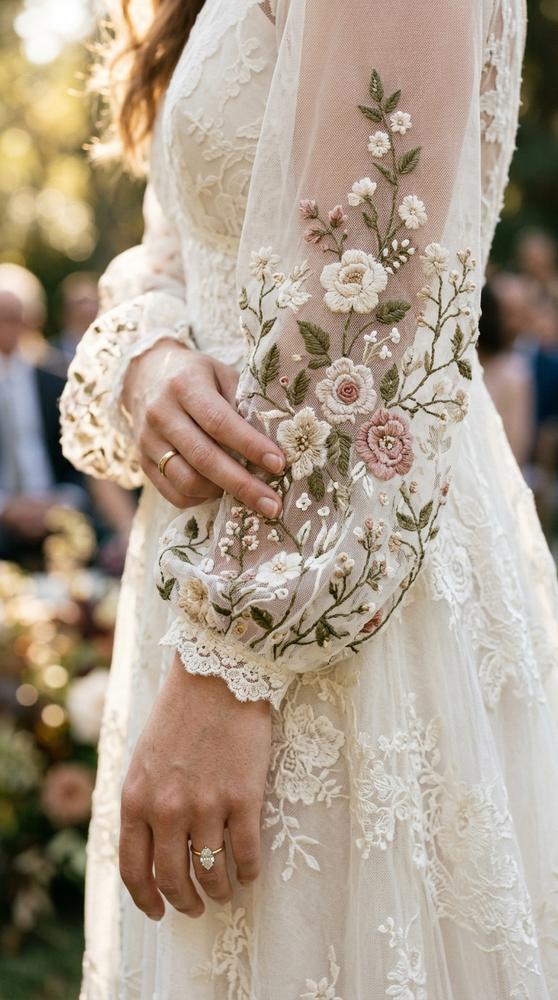 Close-up of hand-embroidered floral details on a boho wedding dress sleeve, soft daylight.