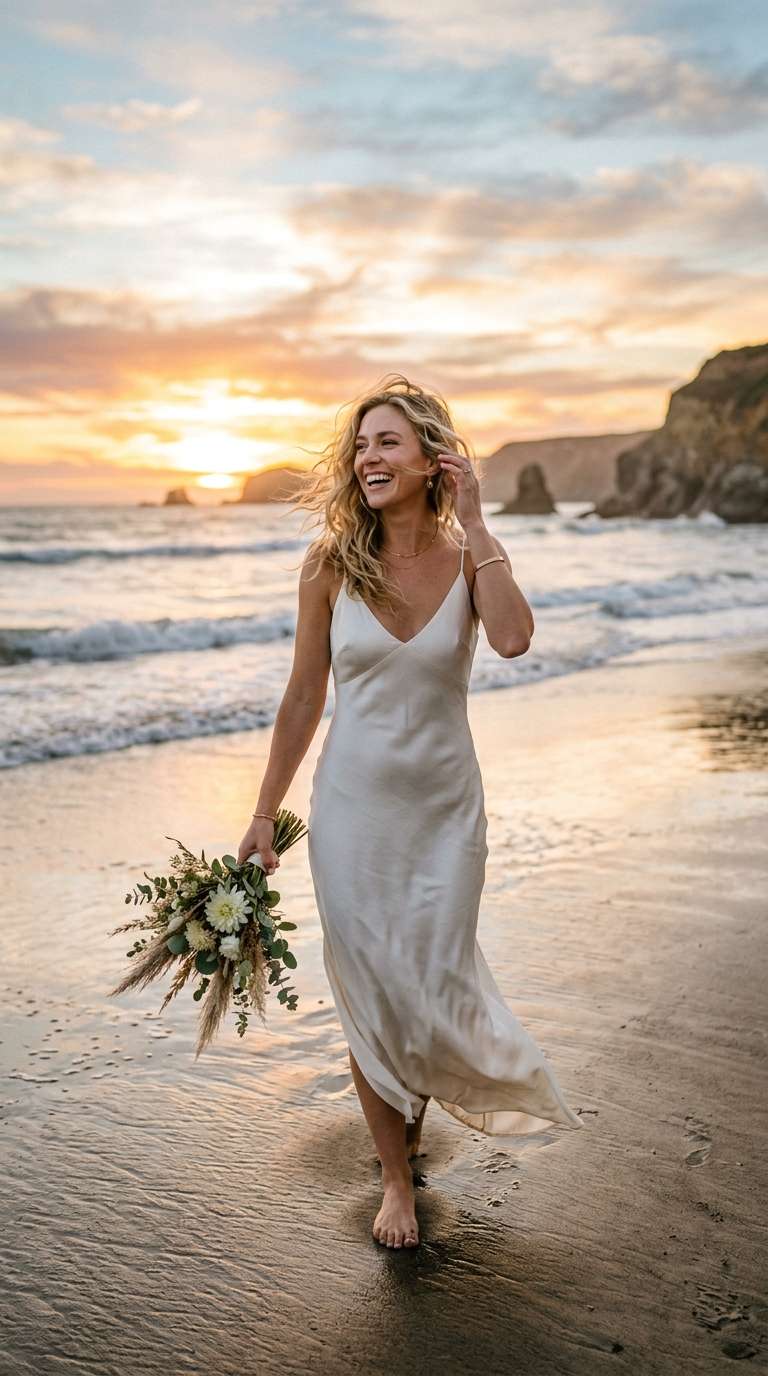 A bride in a simple silk slip boho wedding dress on a beach at sunset, wind in her hair.