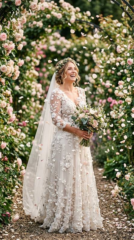 A bride in a boho wedding dress with 3D floral appliques in a rose garden, petals in the air.