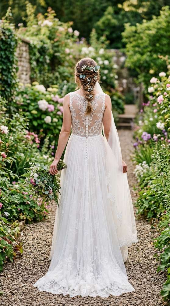 A bride from behind showing a sheer lace back on a boho wedding dress, garden setting, soft light.