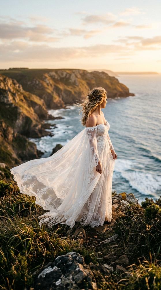 A bride wearing a sheer lace cape over a boho wedding dress, standing on a clifftop at golden hour.