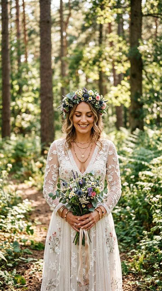 A bride with a wildflower crown and layered jewelry wearing a boho wedding dress in a forest clearing.