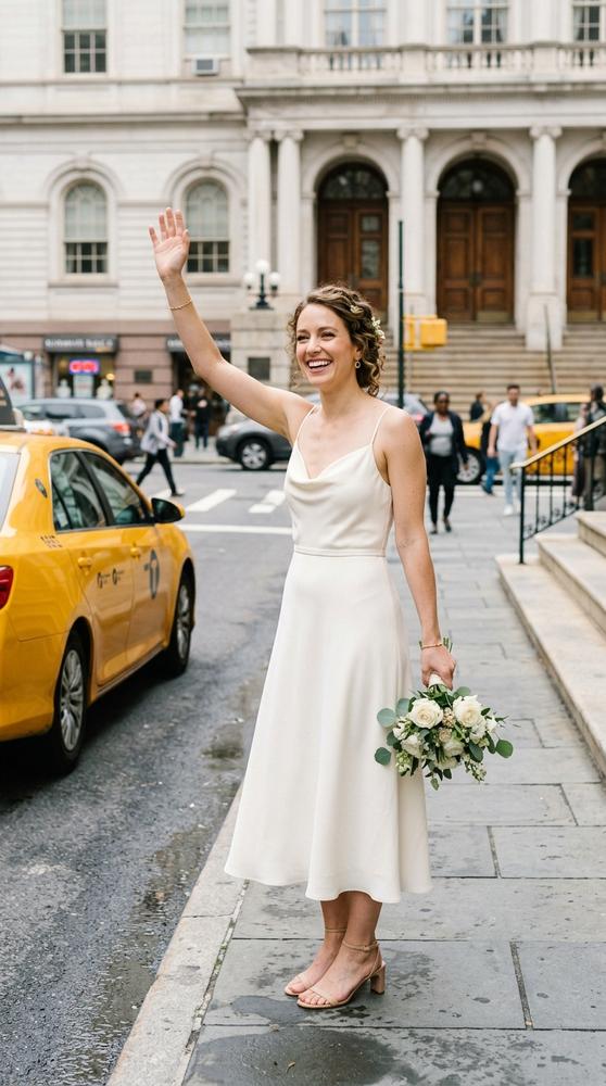 A bride in an ivory slip midi wedding dress with strappy sandals hailing a taxi outside city hall