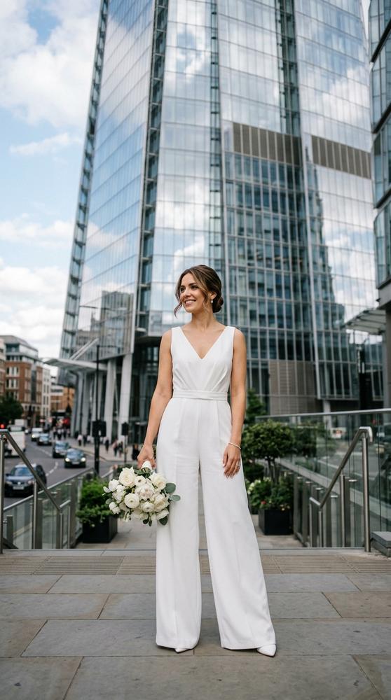A bride in a white jumpsuit with wide legs and a cinched waist in front of a glass skyscraper