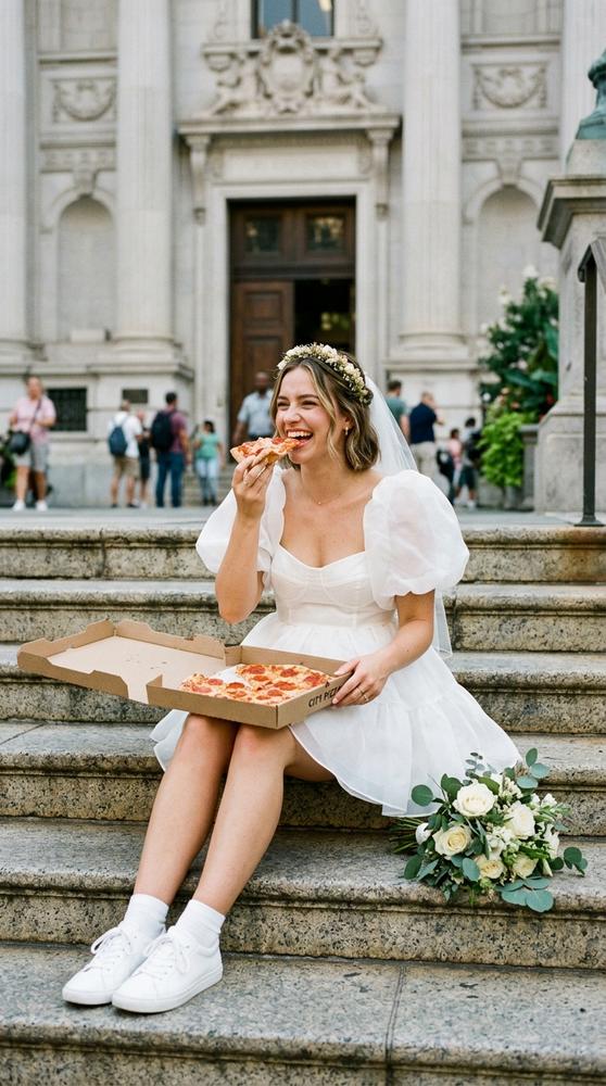 A bride in a white mini wedding dress with puff sleeves eating pizza on courthouse steps, candid joy
