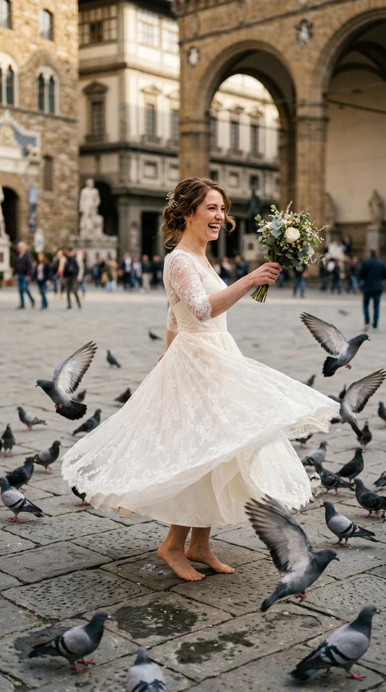 A bride in an ivory tea-length wedding dress with a full skirt spinning in a city plaza with pigeons