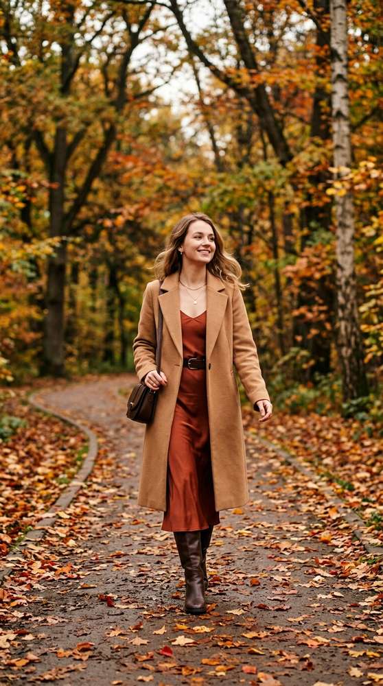 Woman in a camel wool coat over a rust slip dress walking through a park with autumn leaves